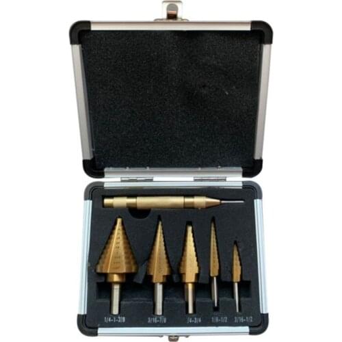 6 metric cobalt step drill set perforated aluminum housing with center punch