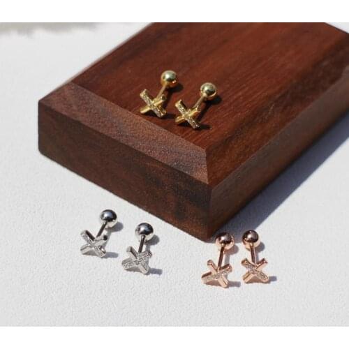 925 Sterling Silver Earring Fashion Simple Cross Black Round Square Triangle Screw Stud earring Cool Ear Bone Nail Girl Ear Jewe