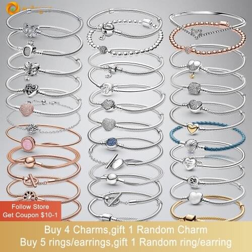 Volayer 925 Sterling Silver Bracelets Fan Clasp T-bar Heart Moments Snake Chain Bracelets Friendship Bangles for Women Jewelry