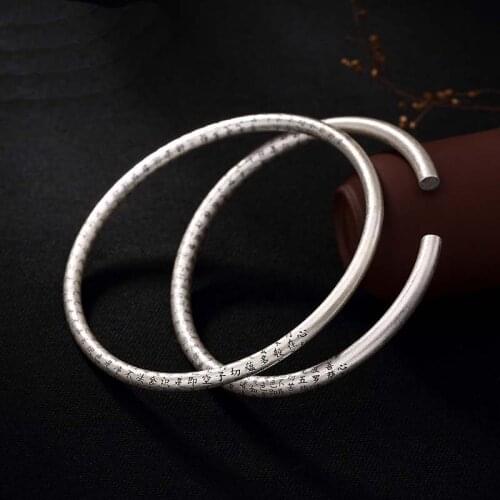 100% Real 999 Pure Sterling Silver Prajna Paramita Heart Sutra Buddhism Bangle Women Men Lover cuff bracelet Jewelry Accessorie