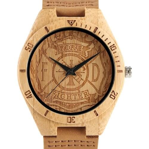Mens Handmade Natural Wooden Watches Fire Fighter FR Hero Scale Quartz Wristwatch Genuine Leather Male Father Sport Clock Gift