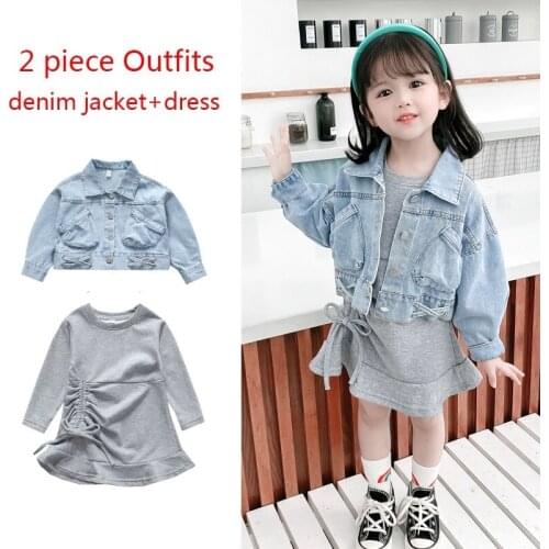 Kids two-piece suit 1-10 years 2020 new spring/autumn girls fashion denim jacket and gray cotton dress casual children clothing