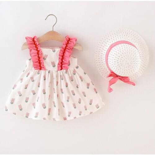 Toddler Kids Baby Girls Summer Dress Hat Outfits Fruit Printed Sleeveless Casual Dresses Sets Holiday Beach Children Dress Girl