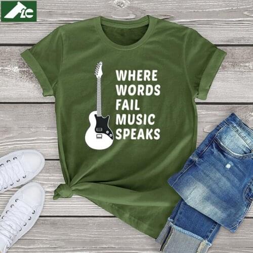 100% cotton Guitar Graphic Womens T-shirt Funny Where Words Fail Music Speaks T-shirt Vintage Short Sleeve Unisex Mens Tee Tops