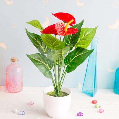 35cm 12Heads Artificial Anthurium Green Red Plastic Fake Plants Home Garden Living Room Bedroom Decoration Artificial Plants