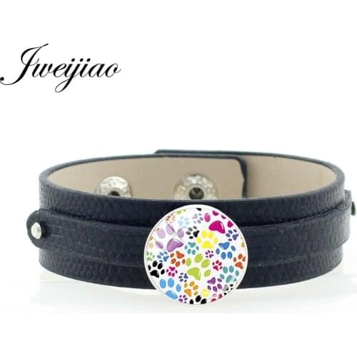 JWEIJIAO Cat Dog Paw Print Cute Picture Bracelet Fashion Animal Glass Dome Black Leather Adjustable Snap Button Bangles NT313
