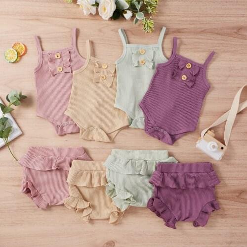 0-24M Newborn Baby Girls Clothes Sets 2pcs Solid Knit Ruffles Sleeveless Romper Shorts 4 Colors