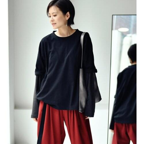 MICOCO T0095C Literature and art leisure Small round collar with loose five-minute sleeves in delicate beaded design T-shirt