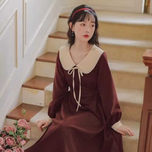 Cute Bow-knot Embellished Contrast Color Doll Collar Sweet Girl Dress 2021 Spring and Autumn New Literary Retro Women Dress