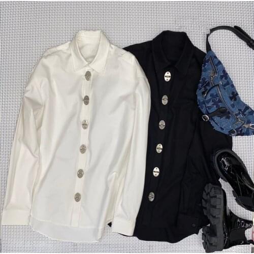 Fashion 2021 new ladies long sleeve sexy casual solid color metal ring lock button shirt 0917