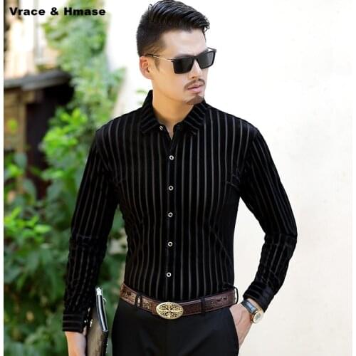 Middle-aged smart casual striped fashion boutique long-sleeved shirt New arrival 2018 soft comfortable quality velvet men shirt