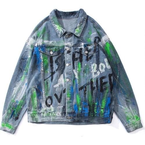 Mens Denim Jeans Jacket Graffiti Printed Mixed Colors Blazers Outwear Korean Style Punk Oversize Slim Fit New 2021
