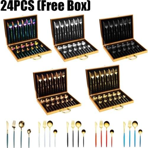 24pcs Gold Dinnerware Set Stainless Steel Tableware Knife Fork Spoon Luxury Cutlery Gift Box Flatware Dishwasher Safe High-end