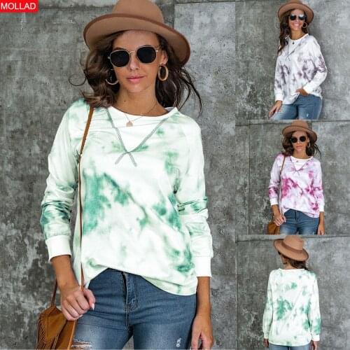 2021 European and American Autumn and Winter New Womens Sweater Tie-Dye Printing Loose-Fitting Casual T-shirt Women