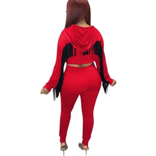 New Autumn And Winter New Tassel Hooded Sweater Two-Piece Womens Top With Zipper Trousers With Fashionable Street Hipster Suit