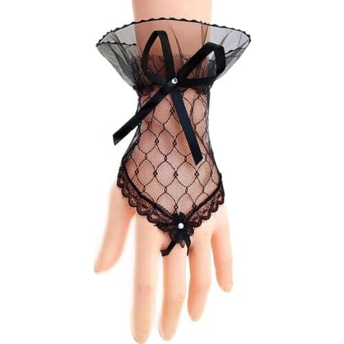Ladies Bow Sleeves Short Arm Sleeves Lace Wrist Cuffs Bracelets Women Solid Color Gloves Net Yarn Lace Gloves Accessories