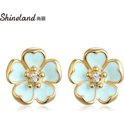 Shineland New Cute Colorful Metal Enamel Flower Crystal Stud Earrings For Women Girl Fashion Sweet Femme Brincos Jewelry Gifts