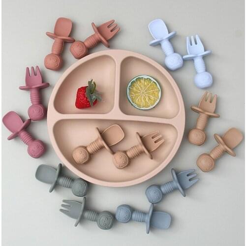 Silicone Baby Spoon Fork Set Kids Tableware Anti Slip Spoons Forks with Short Handle Colorful Toddler Traning Learn Utensils
