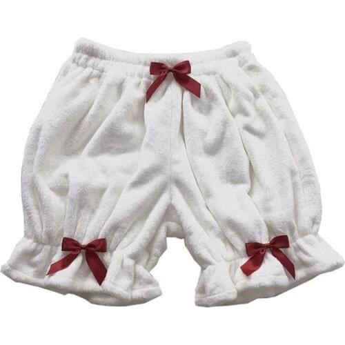 Cute Lolita Girls Warm Velvet Winter Shorts Sweet High Waist Lace Womens Plush Shorts Summer Kawaii Bloomers Shorts Pink White