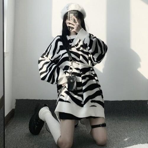 Sweater womens loose jacket fall Zebra pattern pullover long sleeve lazy style net red fashion retro knit top 2021 New hot sal