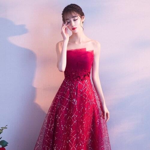 Burgundy Off-shoulder Shiny Sexy Sleeveless Party-dress Vintage Evening-dress Banquet Elegant Noble Prom-dress Daily Wear