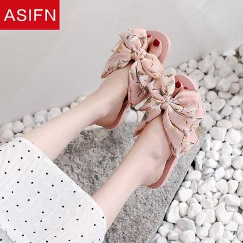 ASIFN Sandals Cute Bowknot Slippers Womens Summer Breathable Ins Style Outdoor Wear Korean Flowers Beach Sweet Flat Shoes