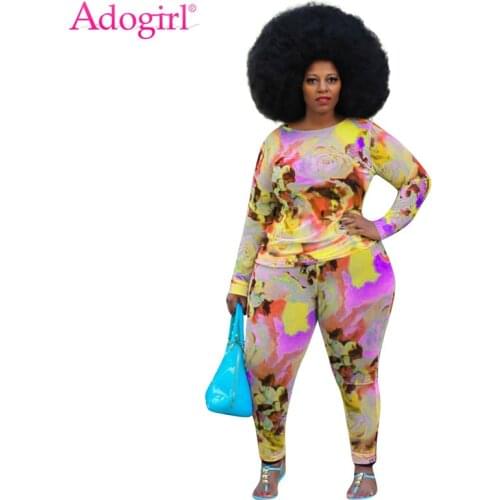 Adogirl Tie Dye Print Plus Size Women Two Piece Set XL-4XL Long Sleeve Tee Shirts Top Pencil Pants Casual Active Suit Tracksuit
