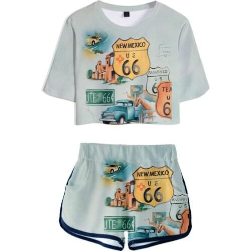 2021 New Arrival route 66 Women Two Piece Set Shorts+Crop Tops T-shirt Summer Hip hop Harajuku Street Clothes