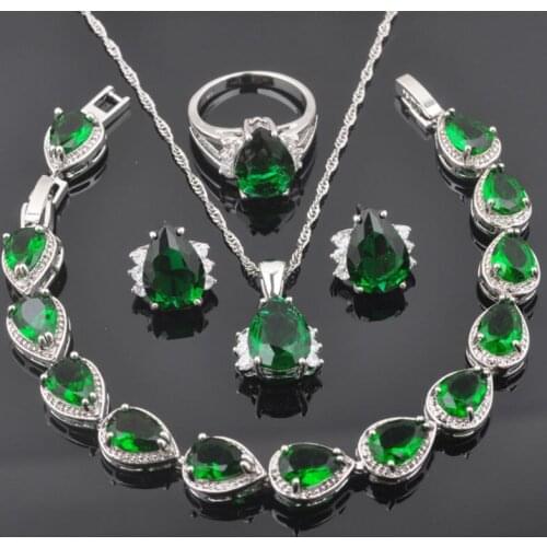 Silver Color Green Zirconia For Women Simple Design Jewelry Sets Bracelet Necklace Pendant Earrings Ring QS0256