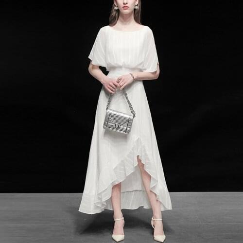 2021 Summer O-Neck Solid Vintage Women Ruffles Elegant Dew Shoulder Hight Waist Slim A-Line Female Irregular Dress Vestidos