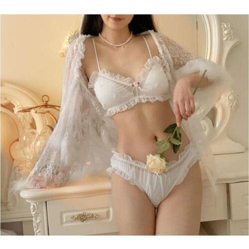 Lolita Underwear Women Japanese Sexy Princess Bra and Panty Set Lingerie White Ruffles Bralette Kawaii Wirefree Bra Panties 2021