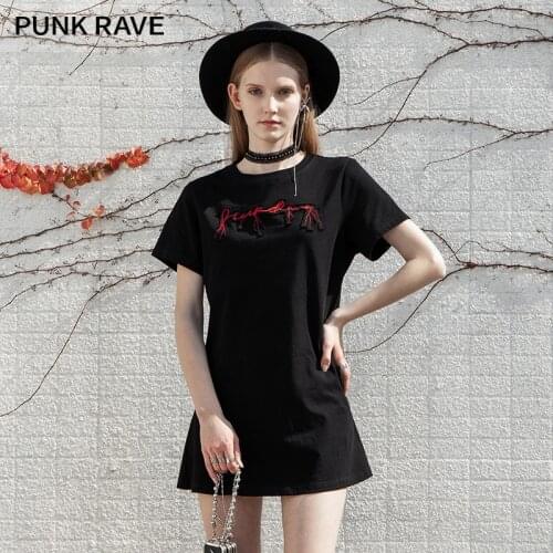 PUNK RAVE Girls Street Loose Short-sleeved T-shirt Dress Gothic Daily Personality Black O-neck Simple Black Mini Dress