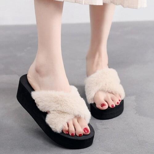 Winter high-heeled slippers for Ms. Mao Mao drag warm and non-slip fashion cotton slippers cross belt