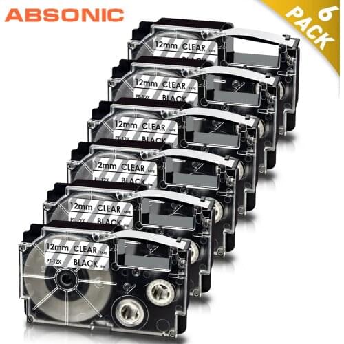 Absonic 4PCS XR-12X XR-12WE Black on Clear/White Label Tape Cartridge Compatible for Casio KL-120 KL-100 KL-820 KL-7200 Printer