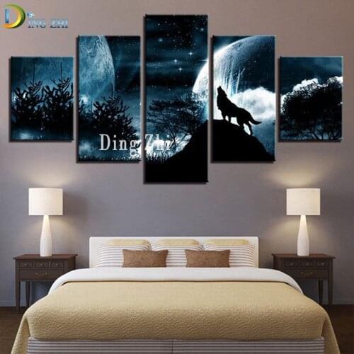 Diamond Embroidery “Wolf Under The Moon”Needlework 5 Piece Diamond Painting Mosaic Abstract Landscape Decor Animal Multi-Module