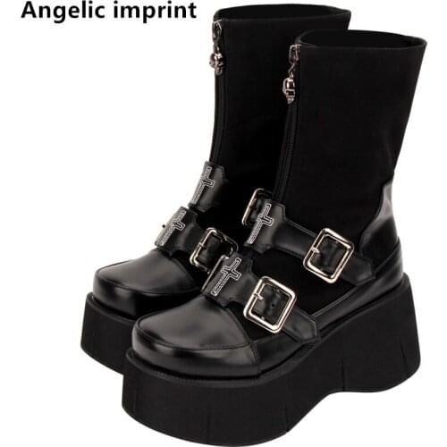 Angelic imprint mori girl Women motorcycle punk boots lady lolita middle Boots woman high heels pumps shoes buckle cross 33-47