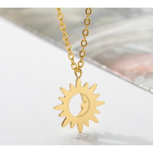 Boho Jewelry Moon And Sun Pendant Necklace Retro Long Sweater Chain Human Face Crescent Collier Femme Stainless Steel Collares