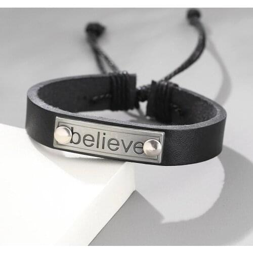 Kirykle Men Minimalist Leather Bracelet Believe Cowhide Black brown Leather Bracelet Mens Hand Woven bracelets Beaded Bracelet