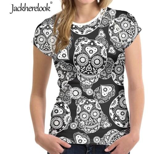 Jackherelook Women Short Sleeve T Shirt Black Sugar Skulls Pattern Female Ladies Soft Comfort Top Tees Fashion T-shirt Camisetas