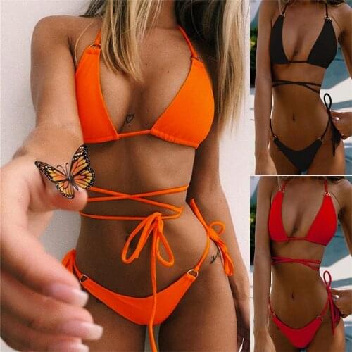FWMS Sexy Bikinis 2019 Solid Swimwear Women Bikini Push Up Swimsuit Two-Pieces Bathing Suit Halter Bikini Set Biquinis Feminino