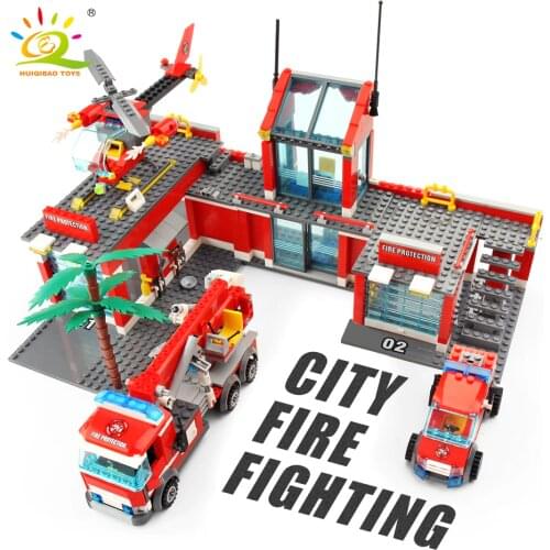 HUIQIBAO 774pcs Fire Station Model Building Blocks Truck Helicopter Firefighter Bricks City Educational Toys For Children Gift