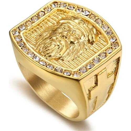 Jesus Christ Church Ring Gold Color Stainless Steel Religion Cross Rings For Men Punk Rhinestone Prayer Jewelry Dropshipping