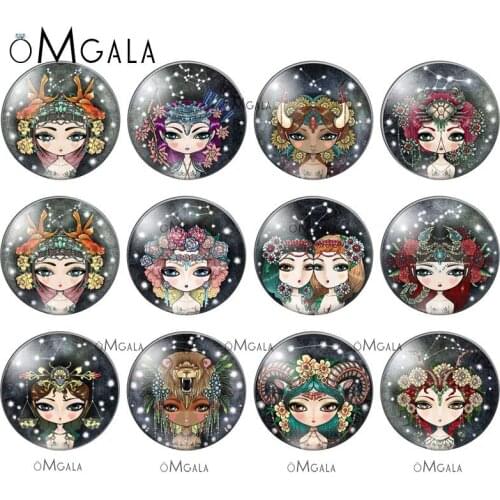 Cartoon Twelve constellations Girls Art Paintings 12mm/18mm/20mm/25mm Round photo demo glass cabochon flat back Making findings