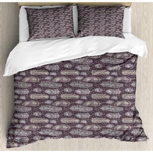 Bohemian Duvet Cover Set Feathers with Heart and Dots Repetition 3 Piece Bedding Set Mauve Taupe White and Eggshell