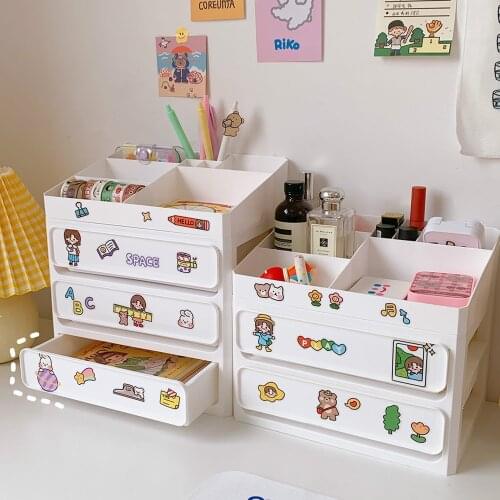 Korean White Transparent ABS Drawer Desktop Organizer Makeups Pens Washi Tapes Desk Storage Box Plastic Stationery Organizer