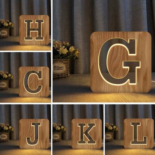 Fashion 26 Letters USB Wood Led Night Light Novelty Kid Bedroom Wooded Hollow Carved Bedroom 3D Decoration Table Lamp Child Gift