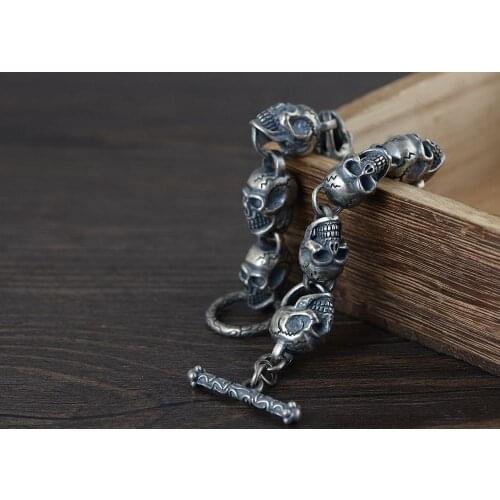 73g 925 solid Sterling Silver Mens Gothic skull link handmade high details Bangle Bracelet 24cm A4325