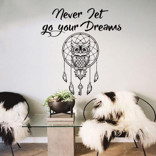 Owl Dream Catcher Wall Decal Quote Never Let Go Your Dreams Bohemian Bedding Decor Removable DIY Key Feather Animal Decal SYY279