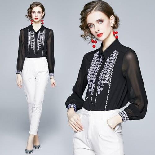 2021 new womens shirt black chiffon embroidery long-sleeved slim sexy fashion all-match shirt women