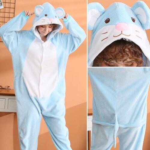 Blue Mouse Pajamas Cartoon Men And Women Kigurumi Flannel Onesie Jumpsuit Adult Cosplay Costume Animal Pyjamas Sleepwear